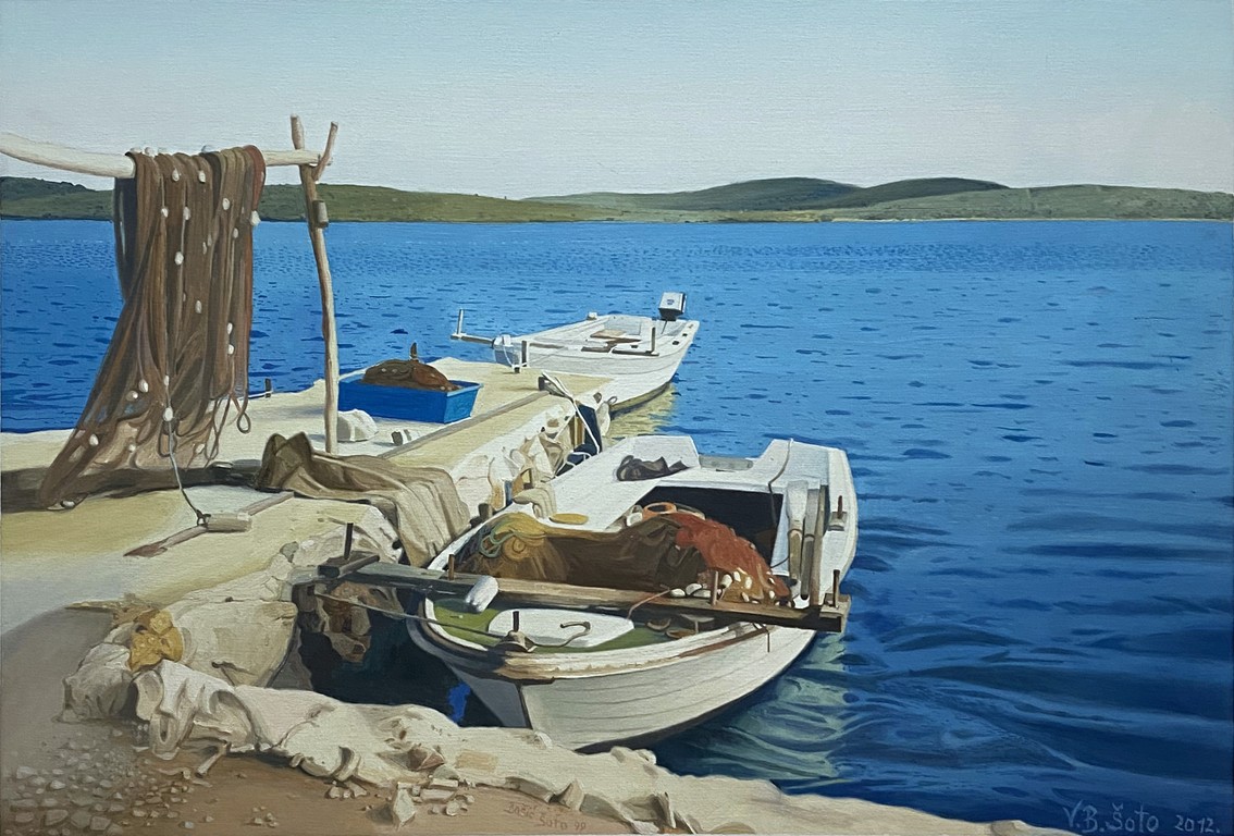 Boat in the small harbor - Oil on wood