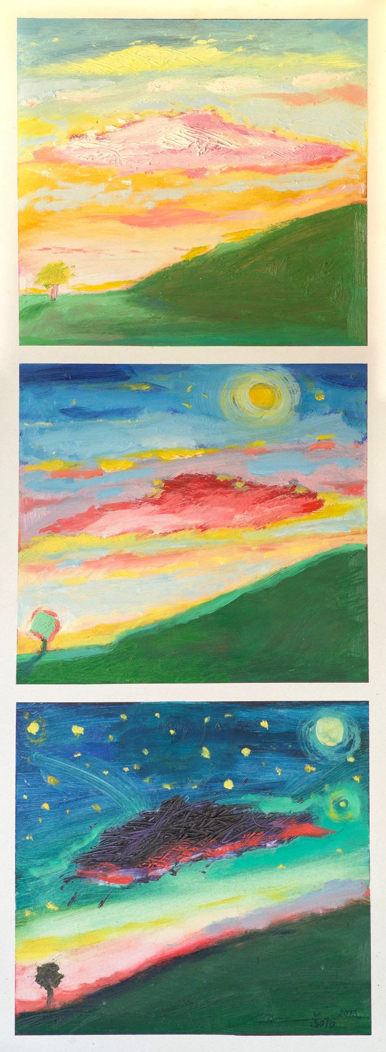 Sunset triptych - Oil on hardboard