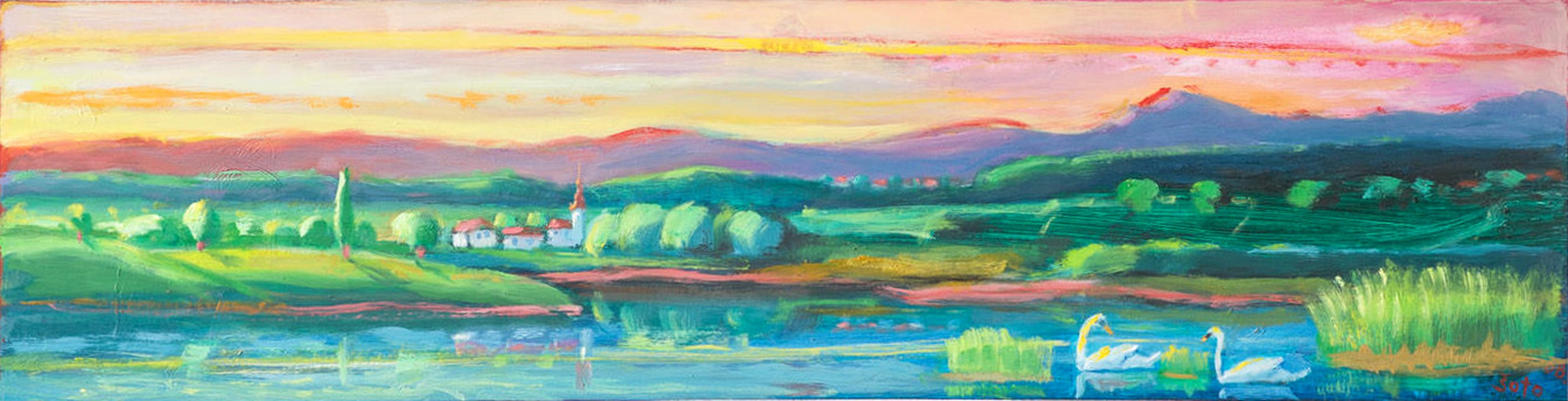 Swan hunter - Oil on hardboard