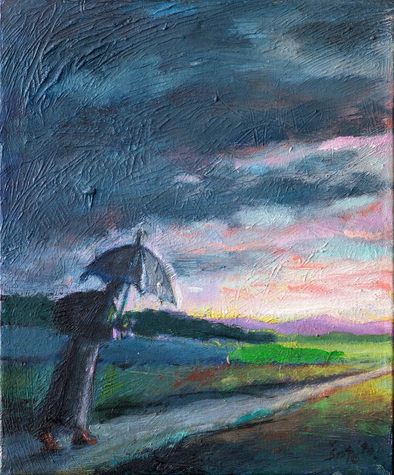 Traveler in the rain - Oil on canvas